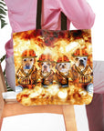 Personalized tote bag featuring four pets as firefighters in a fiery, artistic style.