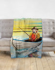 Personalized pet blanket with a golden retriever dog portrait in a boat, fishing, in a renaissance style.