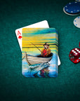 Personalized pet playing cards featuring a dog in a boat, fishing, with colorful sky art.