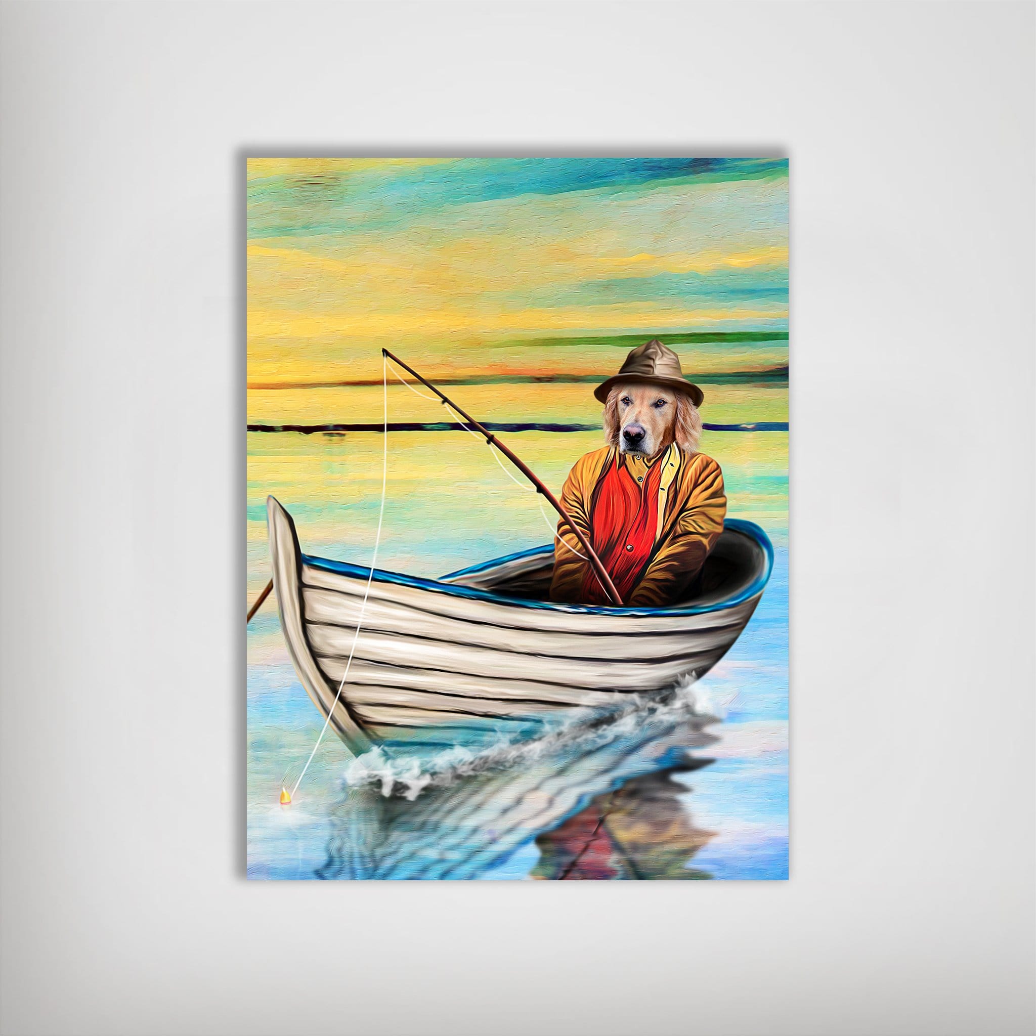 Personalized pet poster featuring a Golden Retriever dog dressed as a fisherman in a boat on water.