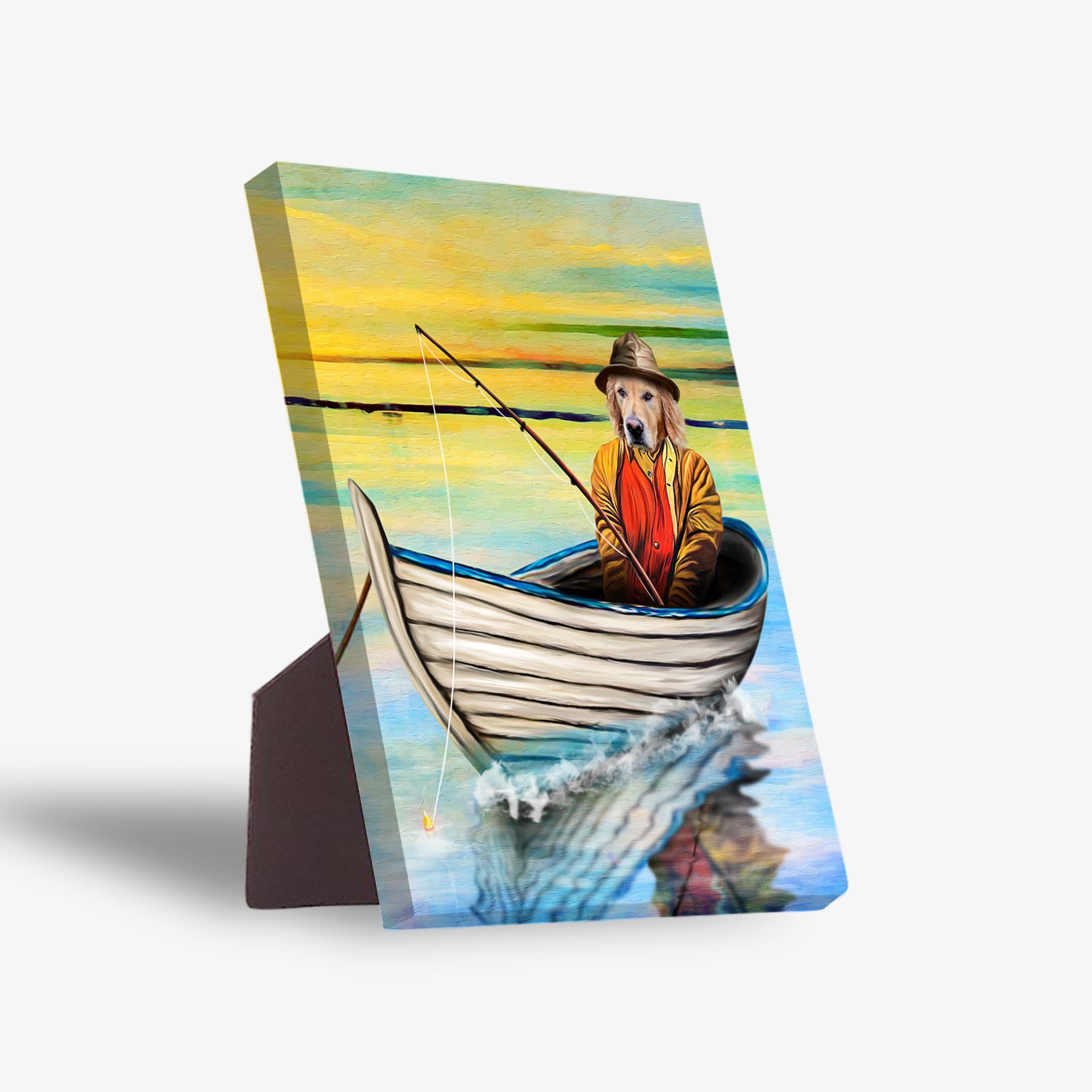 Personalized pet standing canvas featuring a golden retriever in a boat, fishing, against a vibrant sunset.