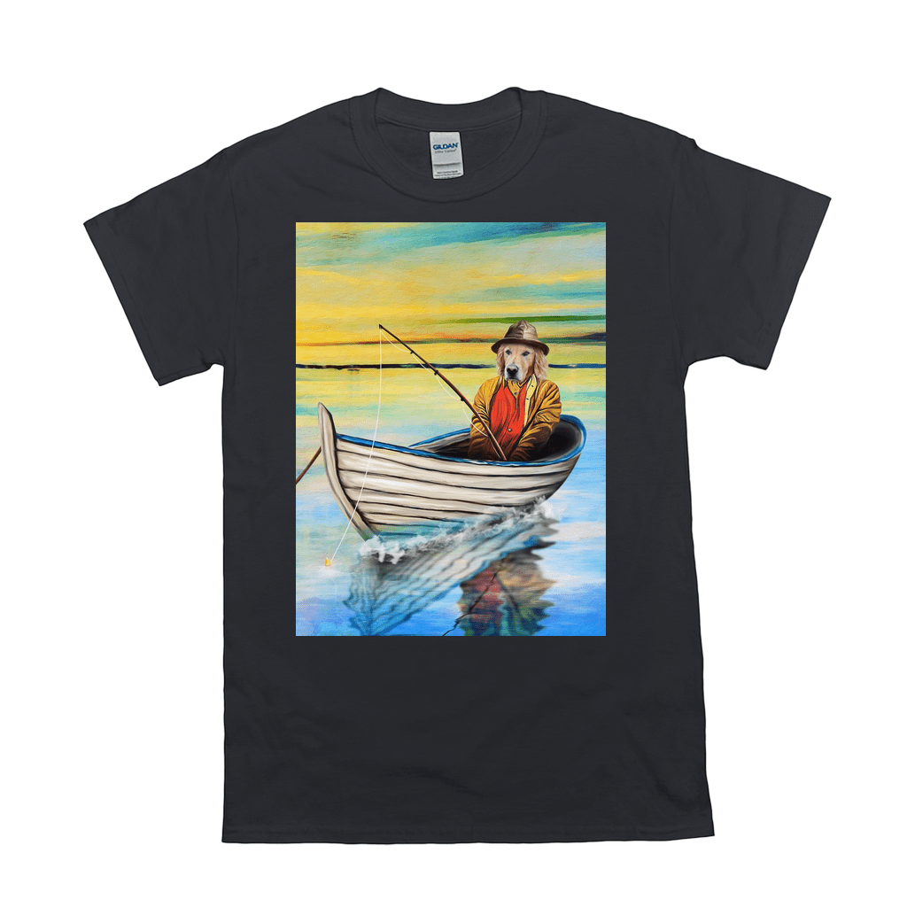 Black Gildan t-shirt with a personalized pet portrait of a golden retriever fishing in a boat.