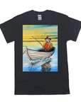 Black Gildan t-shirt with a personalized pet portrait of a golden retriever fishing in a boat.