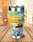 Personalized 7" stainless steel tumbler with a custom watercolor portrait of a golden retriever dog fishing in a boat.