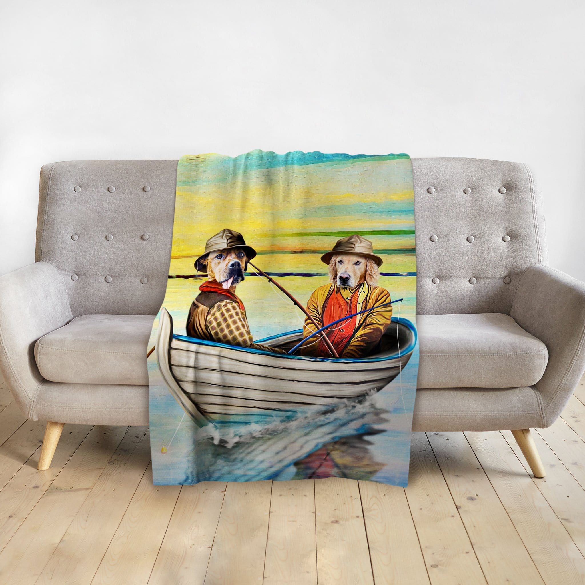 Personalized 2-pet blanket with dogs in a boat, "The Fishermen" renaissance portrait style.