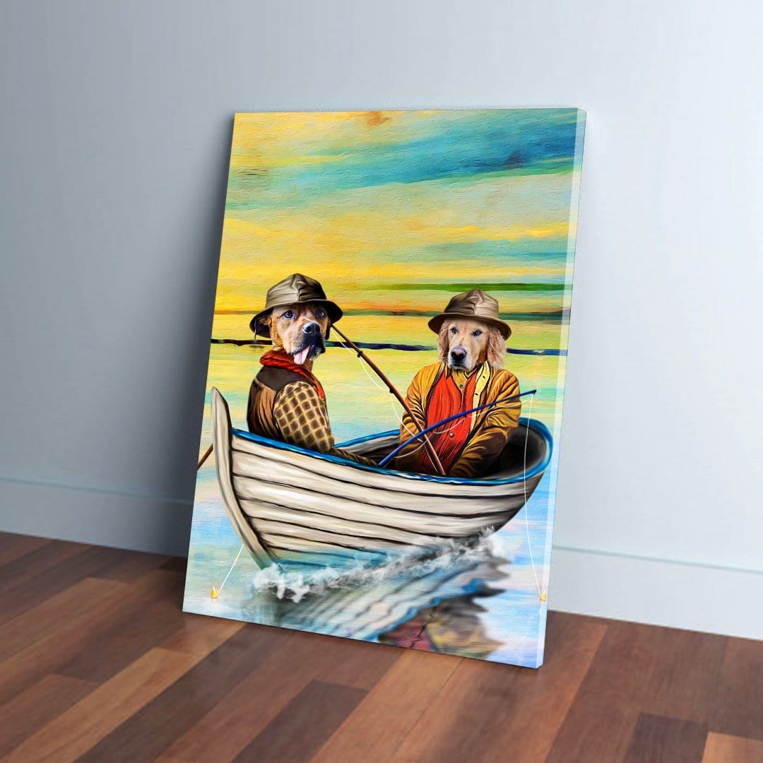 Personalized 'The Fishermen' canvas featuring two dogs in a boat, fishing at sunset.