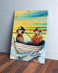 Personalized 'The Fishermen' canvas featuring two dogs in a boat, fishing at sunset.
