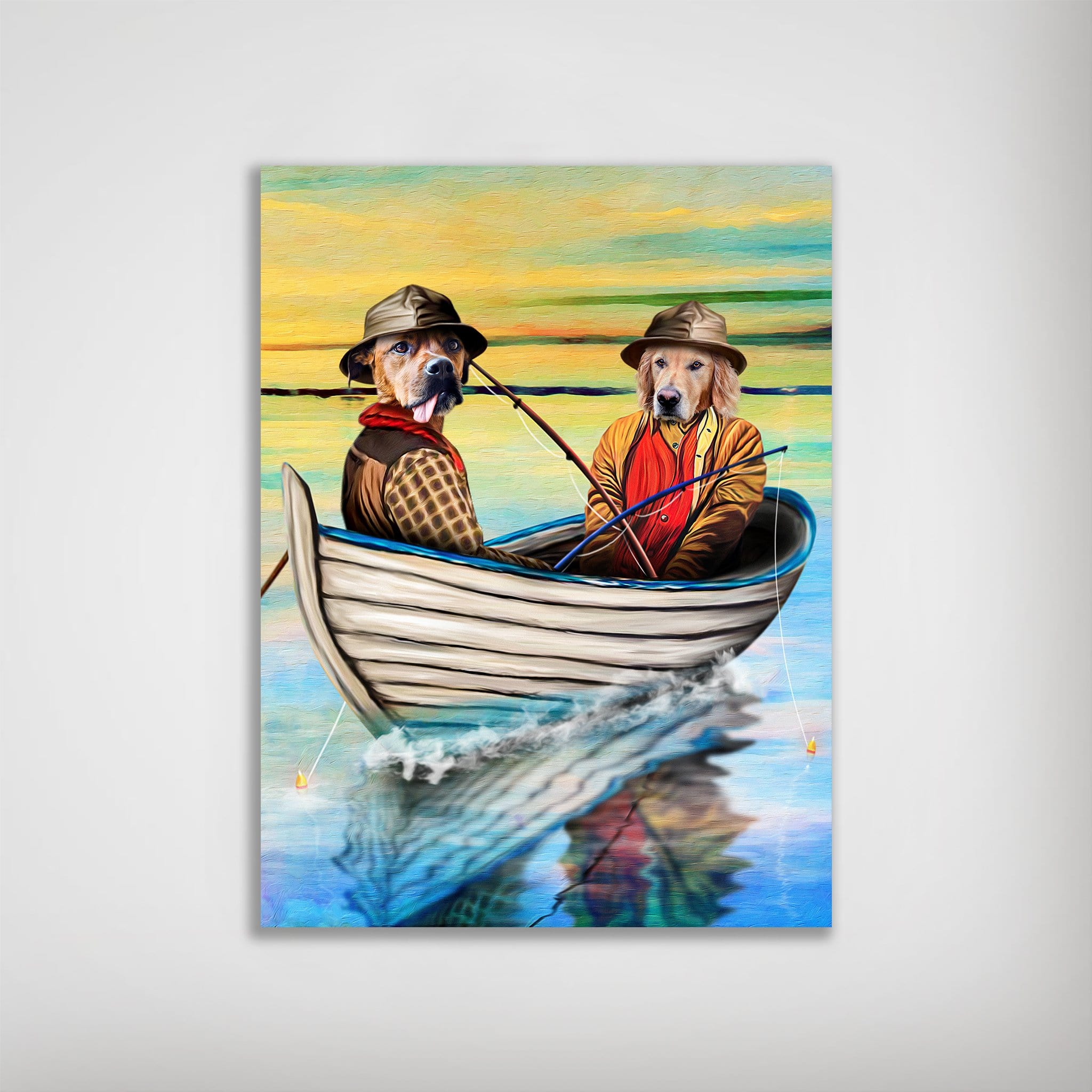 Personalized 'The Fishermen' 2 pet poster featuring two dogs in a boat on water, with a colorful sky.