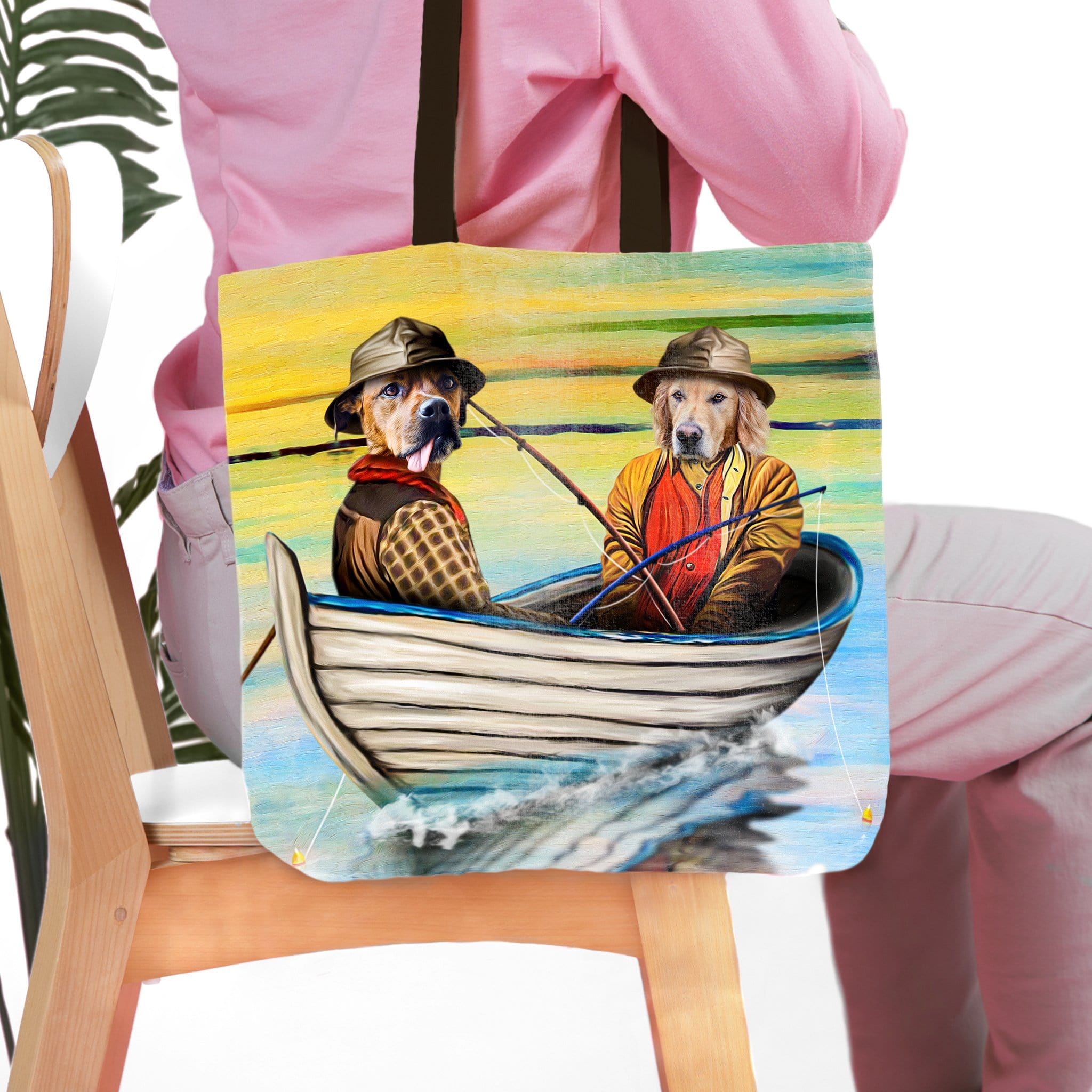Personalized 2-pet tote bag with custom dog portraits in a "Fishermen" renaissance style.