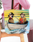 Personalized 2-pet tote bag with custom dog portraits in a "Fishermen" renaissance style.