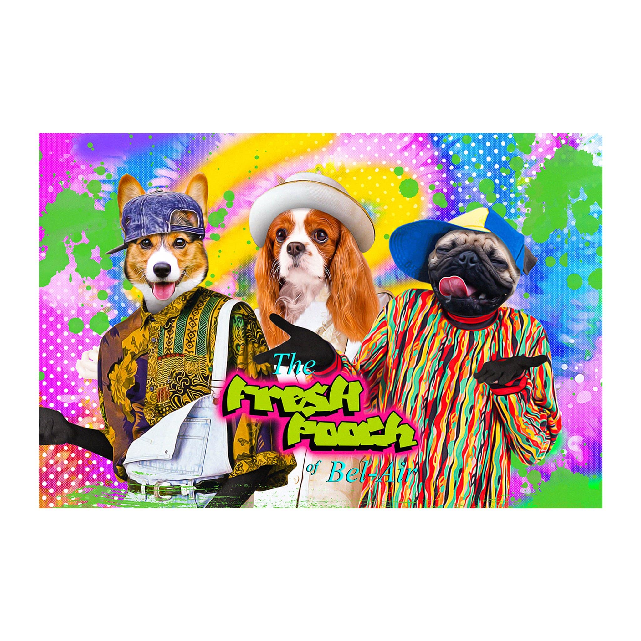 Custom digital portrait of three pets in "The Fresh Pooch" style, featuring a corgi, cavalier, and pug.