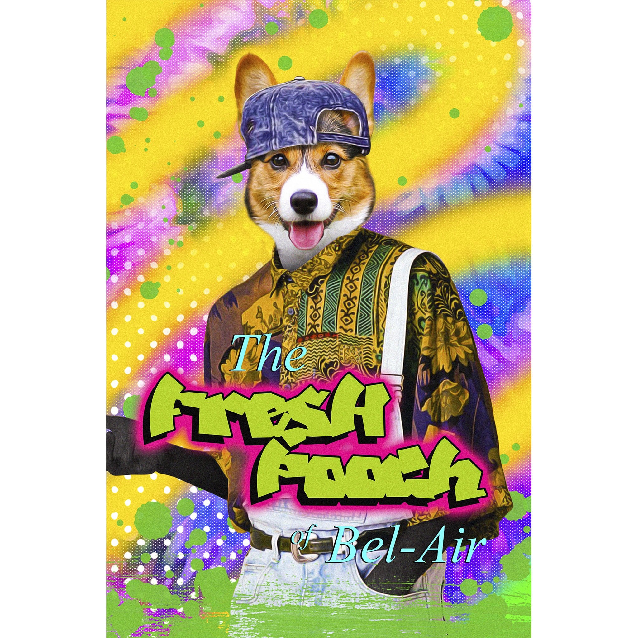 Custom digital portrait of a corgi in a 90s Fresh Prince style, wearing a backward cap and patterned shirt.