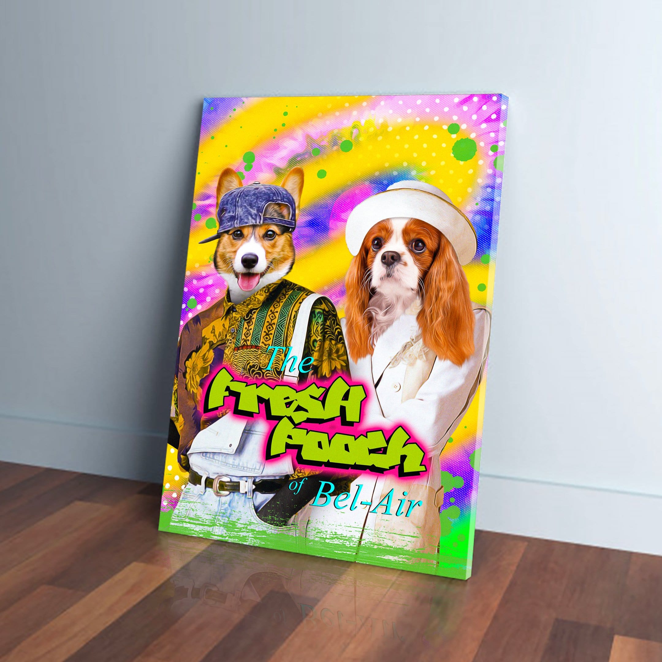 Personalized 'The Fresh Pooch' canvas featuring two pets in 90s outfits on a vibrant background.