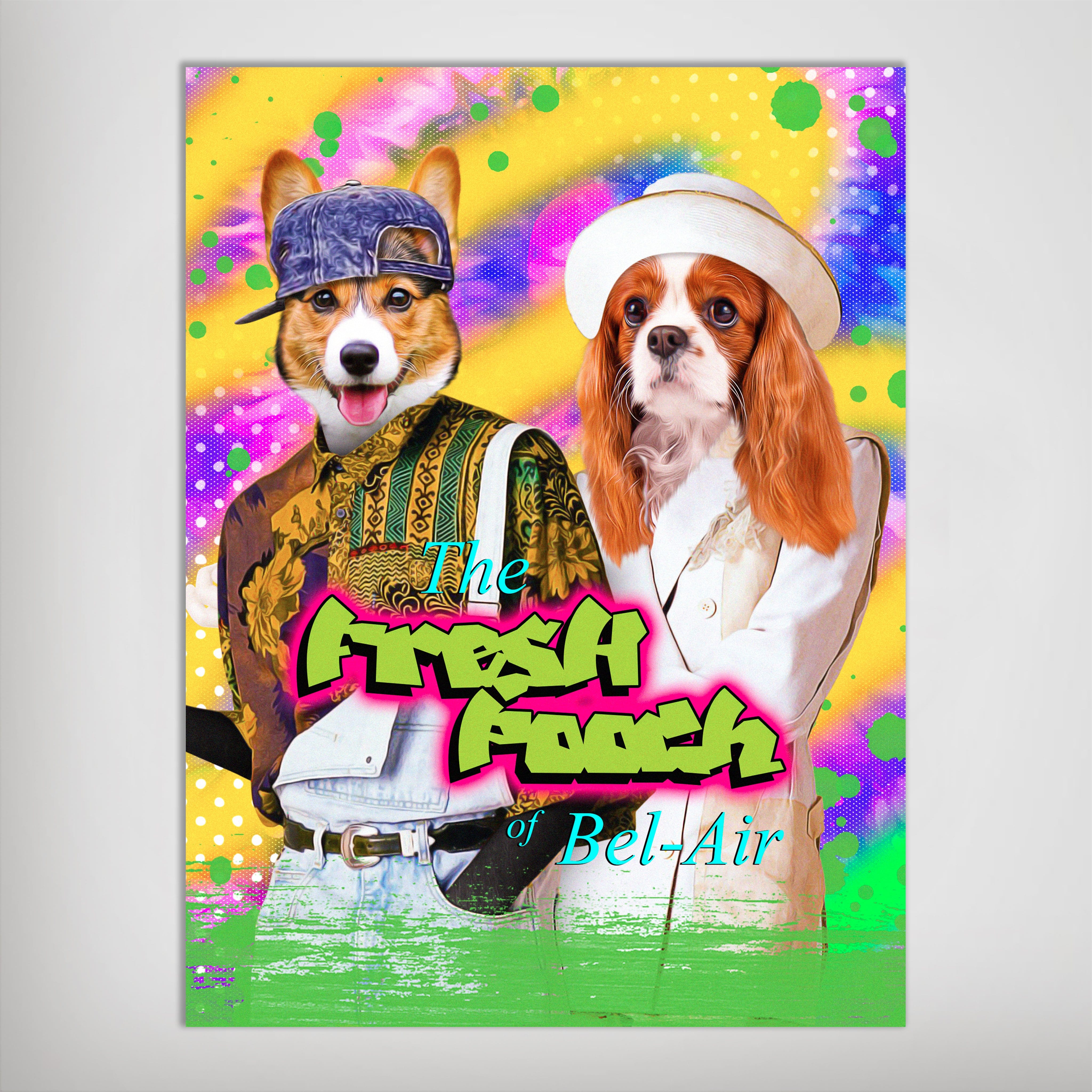 Personalized "The Fresh Pooch" poster featuring two dogs in 90s-style outfits on a vibrant background.