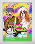Personalized "The Fresh Pooch" poster featuring two dogs in 90s-style outfits on a vibrant background.