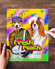 Personalized 'The Fresh Pooch' puzzle featuring two dogs in cartoon outfits, being assembled on wood.