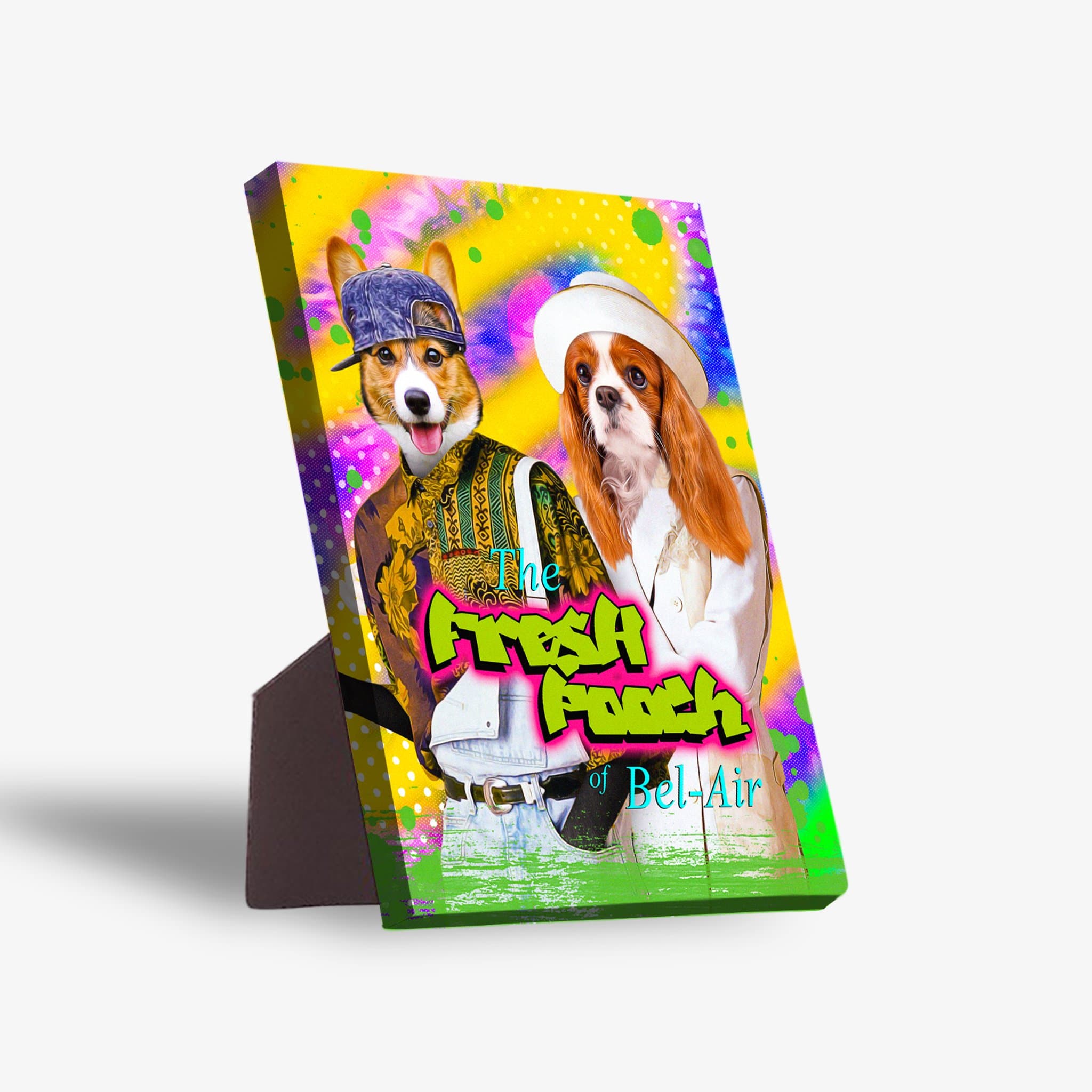Personalized 'The Fresh Pooch' standing canvas featuring two pets in 90s outfits on a vibrant background.