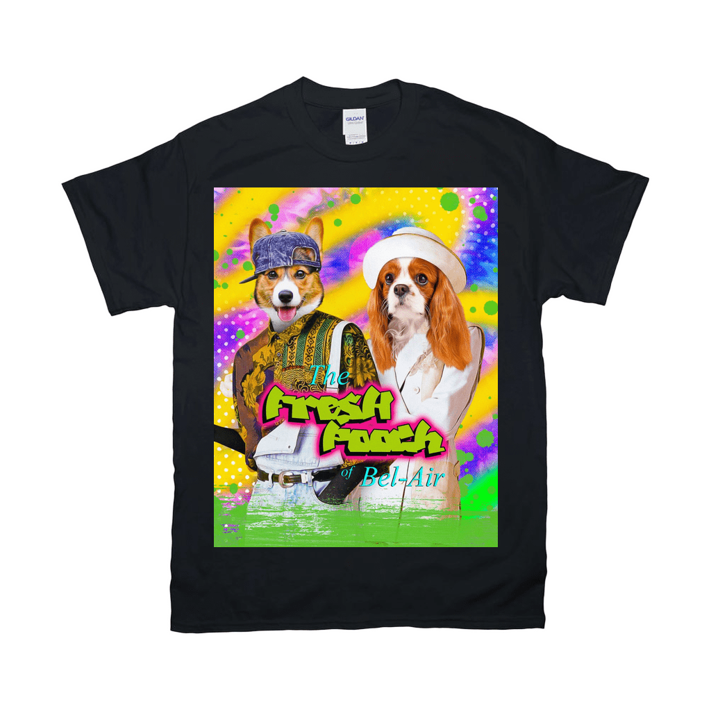 Black Gildan unisex t-shirt featuring a personalized "Fresh Pooch" design with two dogs in retro outfits.