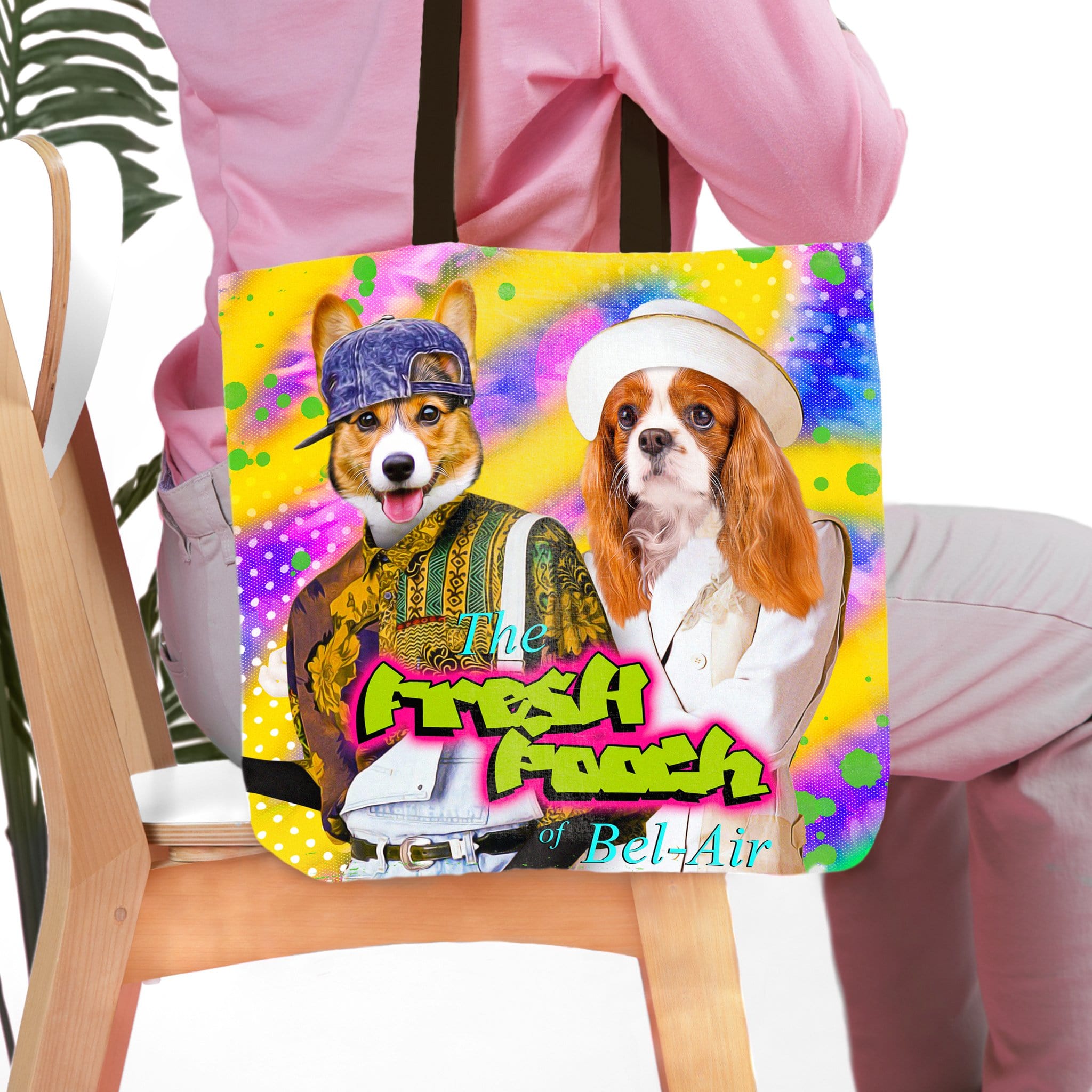 Personalized 'The Fresh Pooch' tote bag with custom portraits of a corgi and a Cavalier King Charles Spaniel.