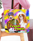 Personalized 'The Fresh Pooch' tote bag with custom portraits of a corgi and a Cavalier King Charles Spaniel.