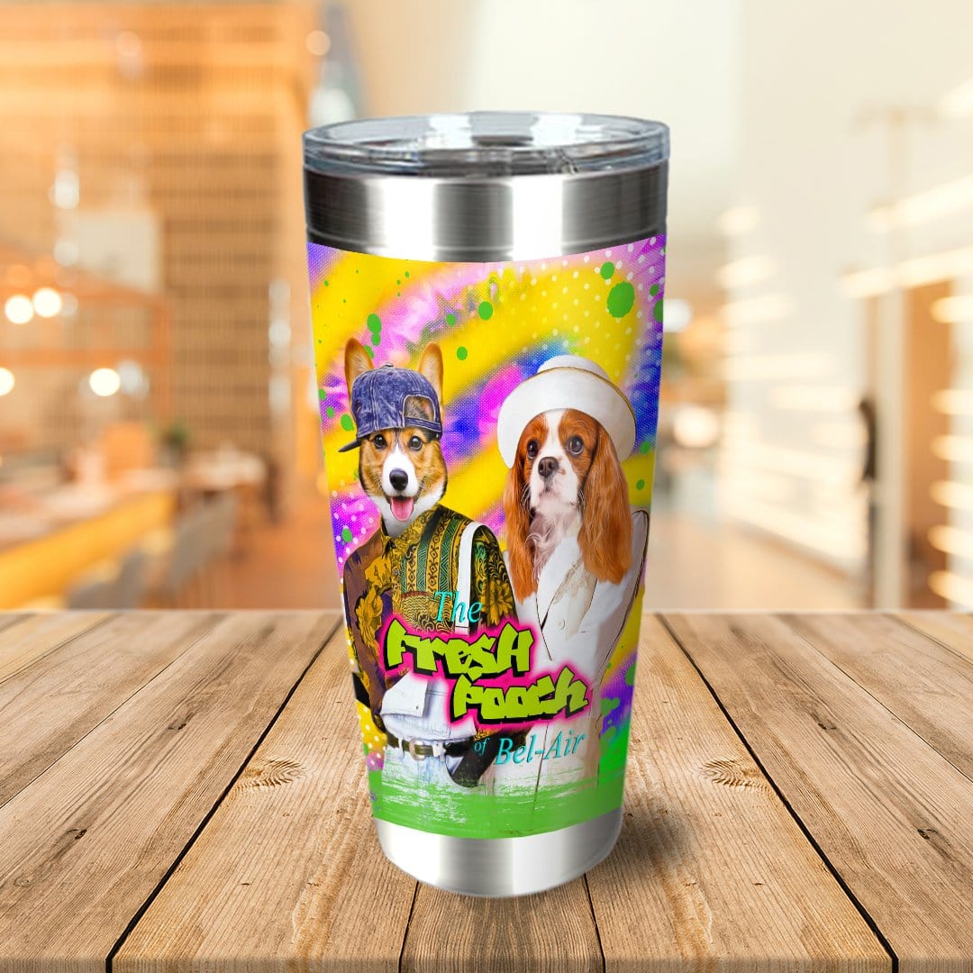 Personalized stainless steel tumbler with two pet portraits in "Fresh Pooch of Bel-Air" cartoon style.
