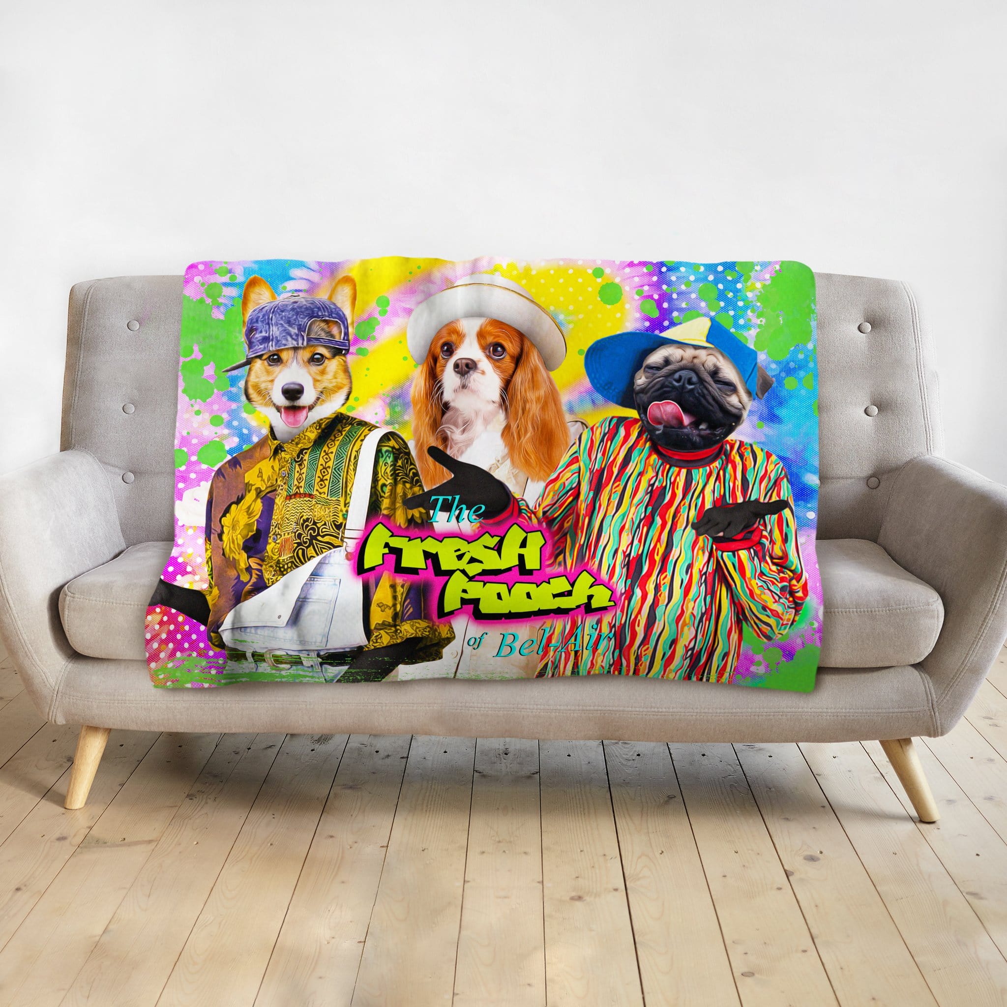 Personalized 'Fresh Pooch' blanket with cartoon portraits of a corgi, cavalier, and pug in colorful outfits.