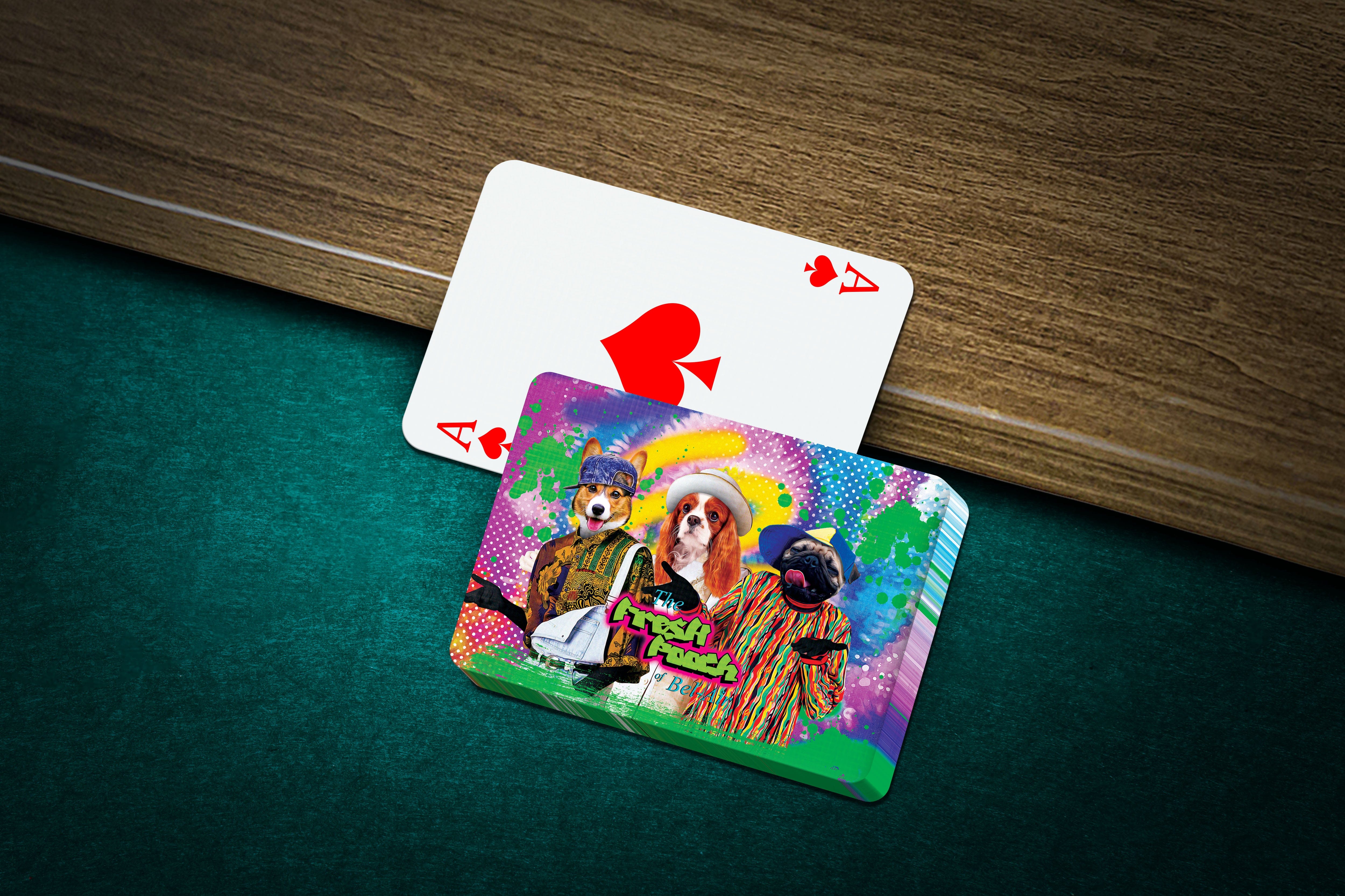 Custom personalized playing cards featuring three dogs in colorful, retro-style portraits.