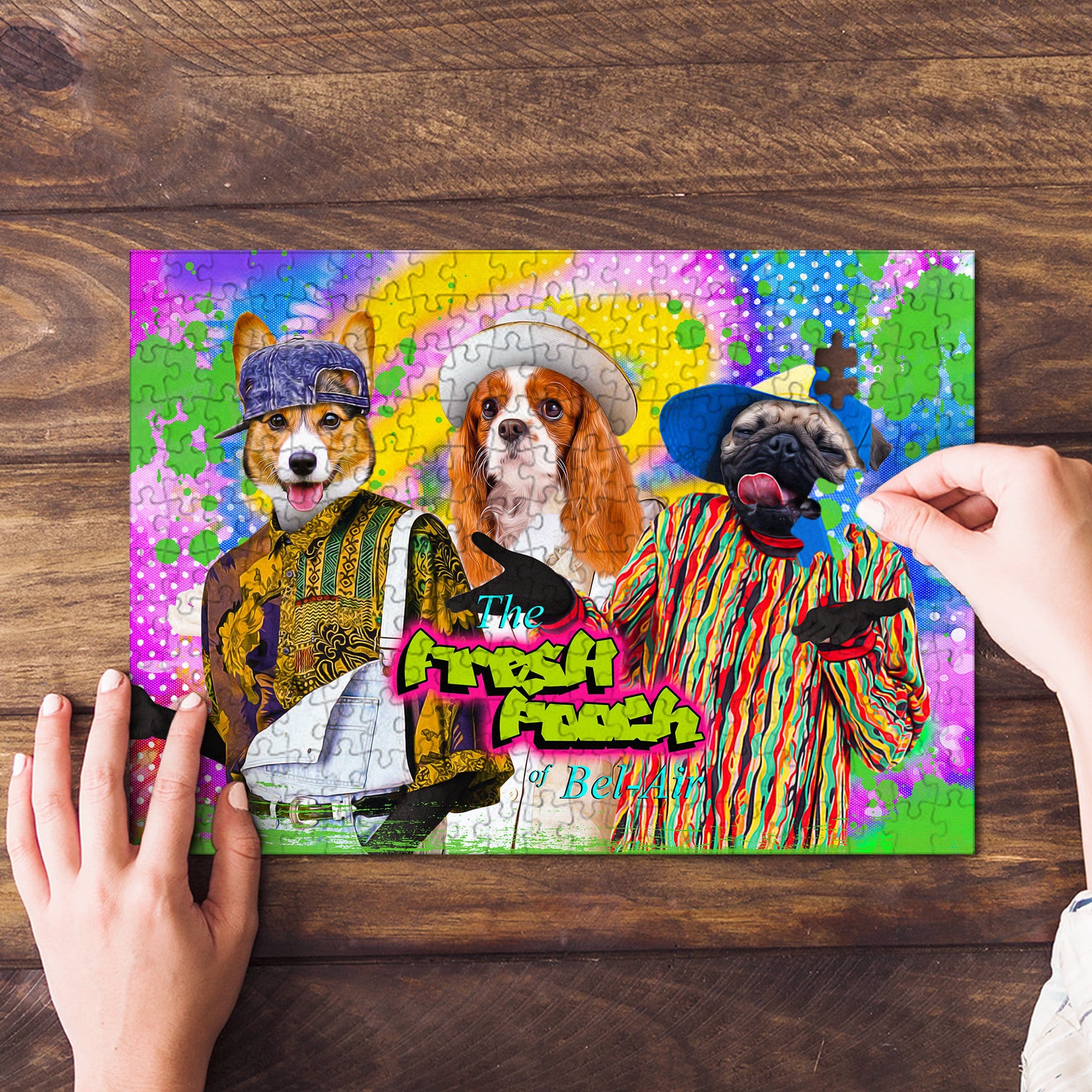 Personalized "Fresh Pooch" puzzle featuring three custom pet portraits in colorful, cartoon-style outfits.