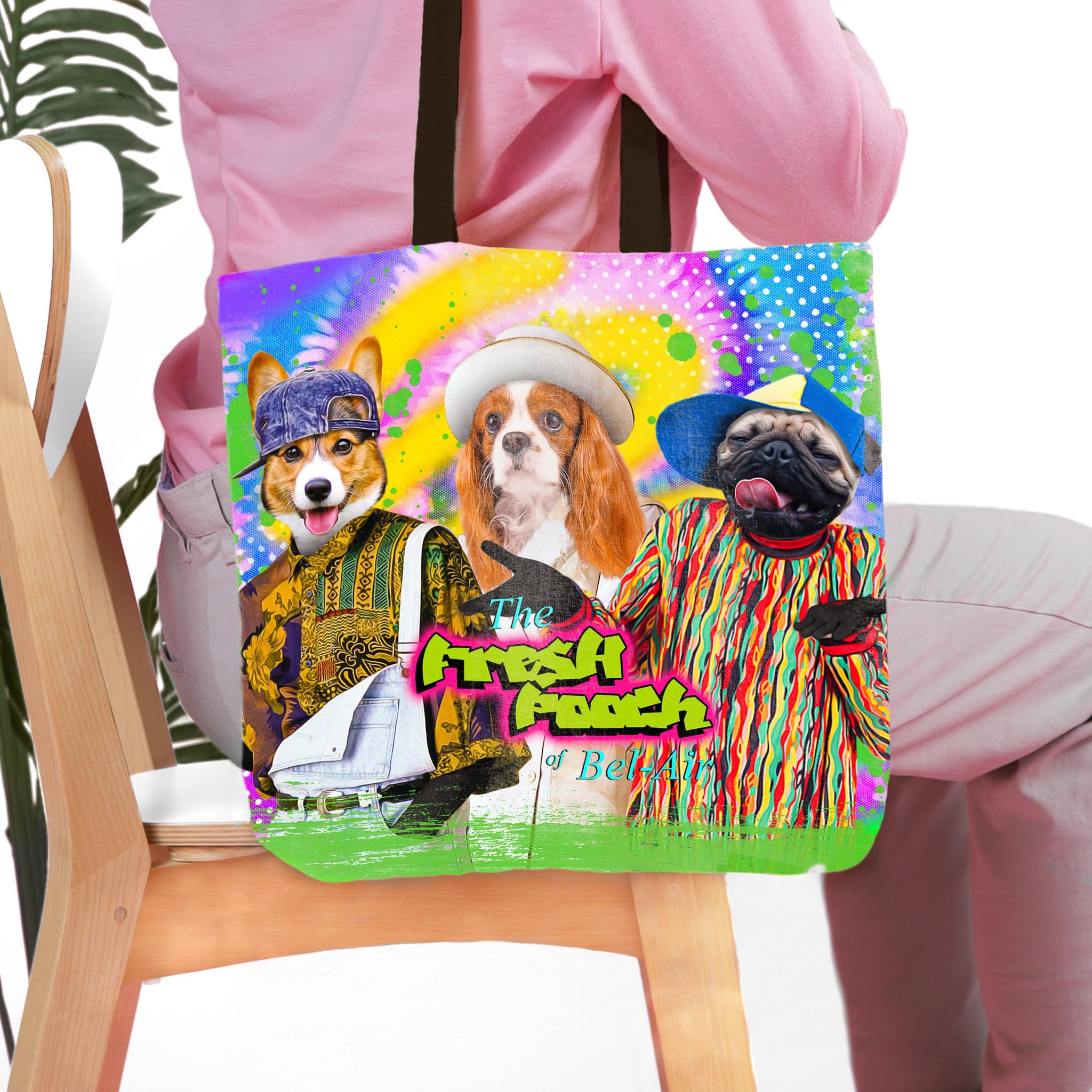 Personalized 3-pet tote bag with cartoon dog portraits in "Fresh Pooch" style, vibrant colors.
