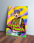 Vibrant "Fresh Pooch" personalized pet canvas featuring a corgi in a denim cap and patterned shirt.