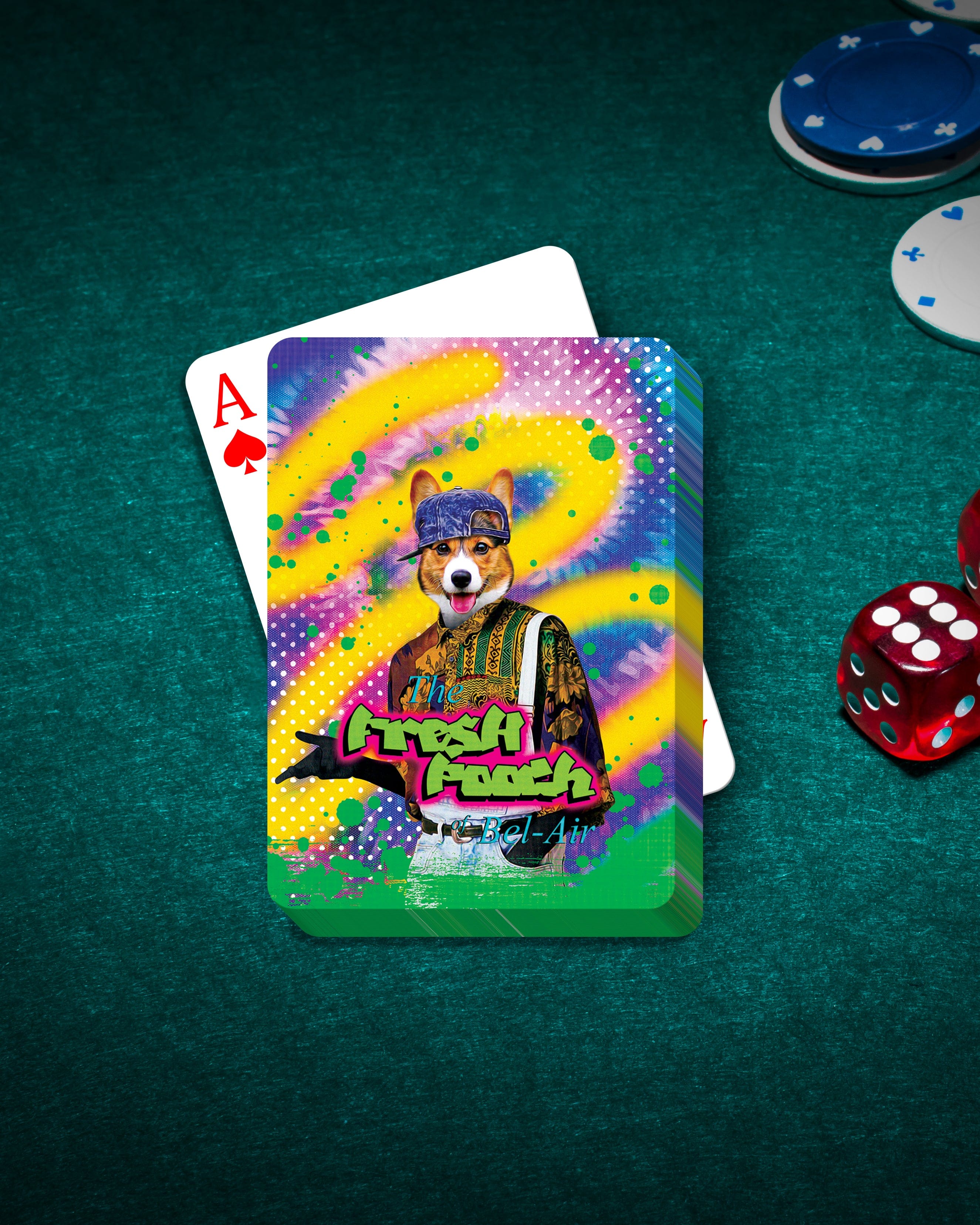 Personalized playing card featuring a dog in a "Fresh Pooch" cartoon style, on a green felt table.