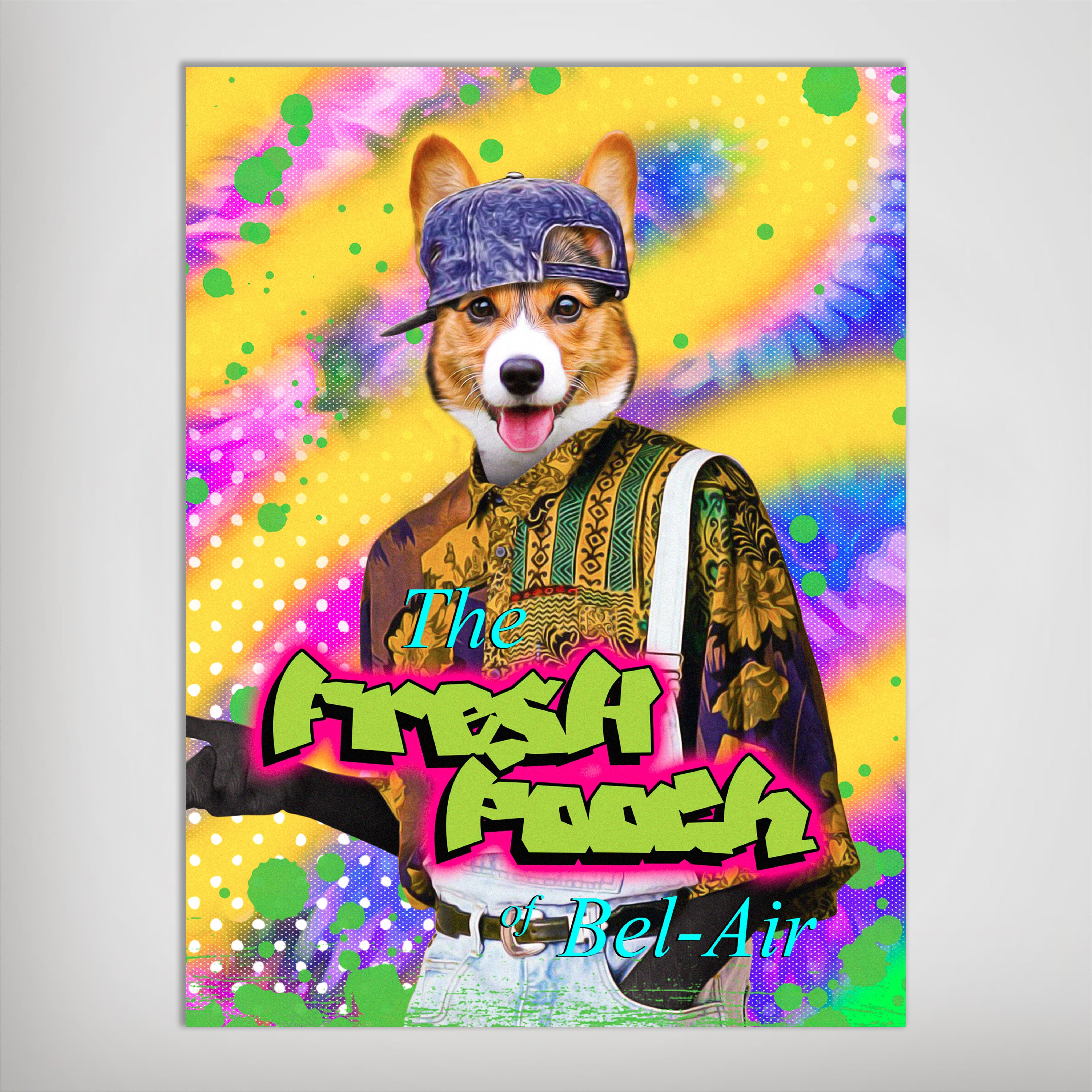 Vibrant "Fresh Pooch" personalized pet poster featuring a corgi in 90s attire against a colorful, splattered background.