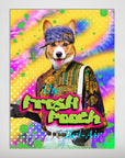 Vibrant "Fresh Pooch" personalized pet poster featuring a corgi in 90s attire against a colorful, splattered background.