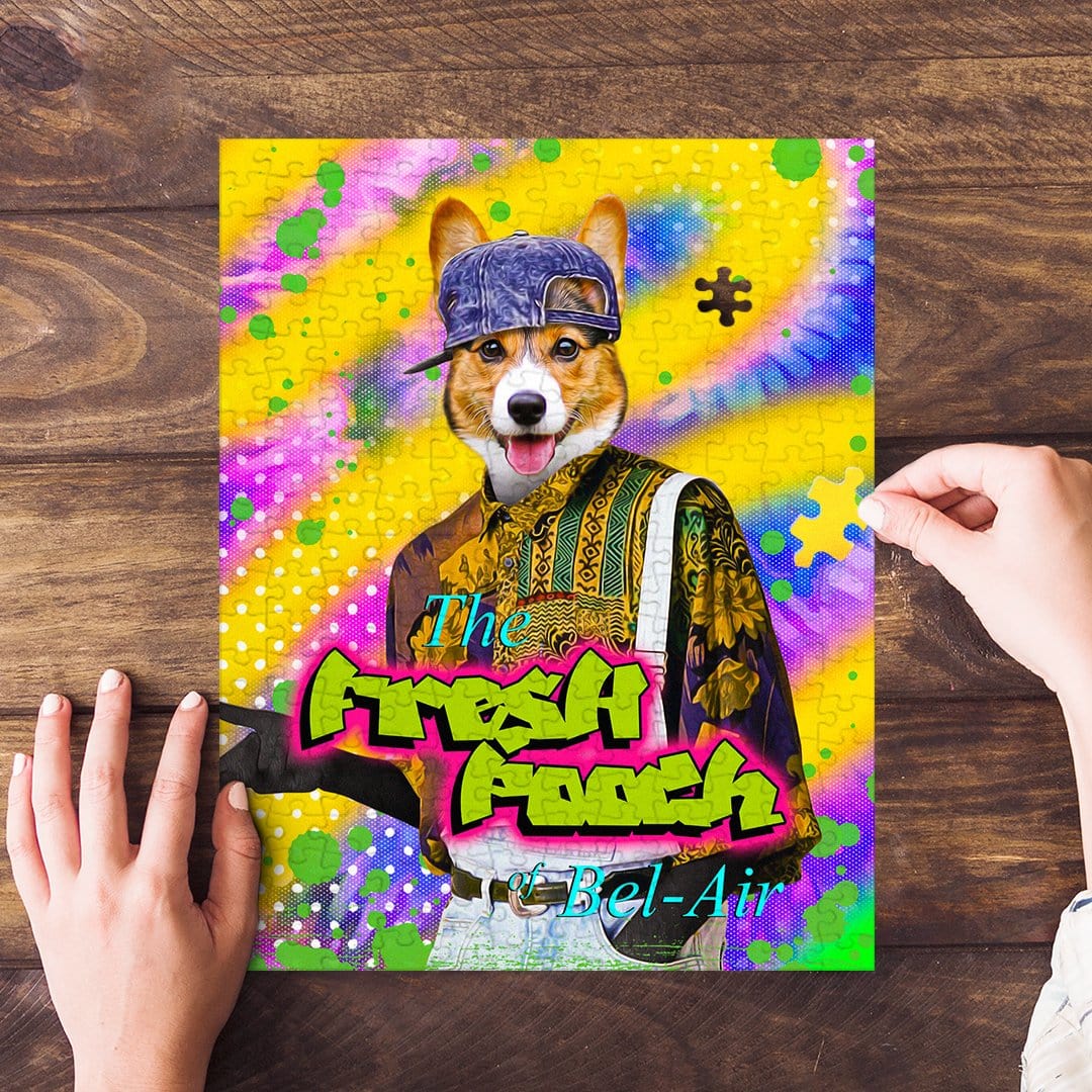Personalized Fresh Pooch puzzle featuring a corgi in a hat and colorful outfit.