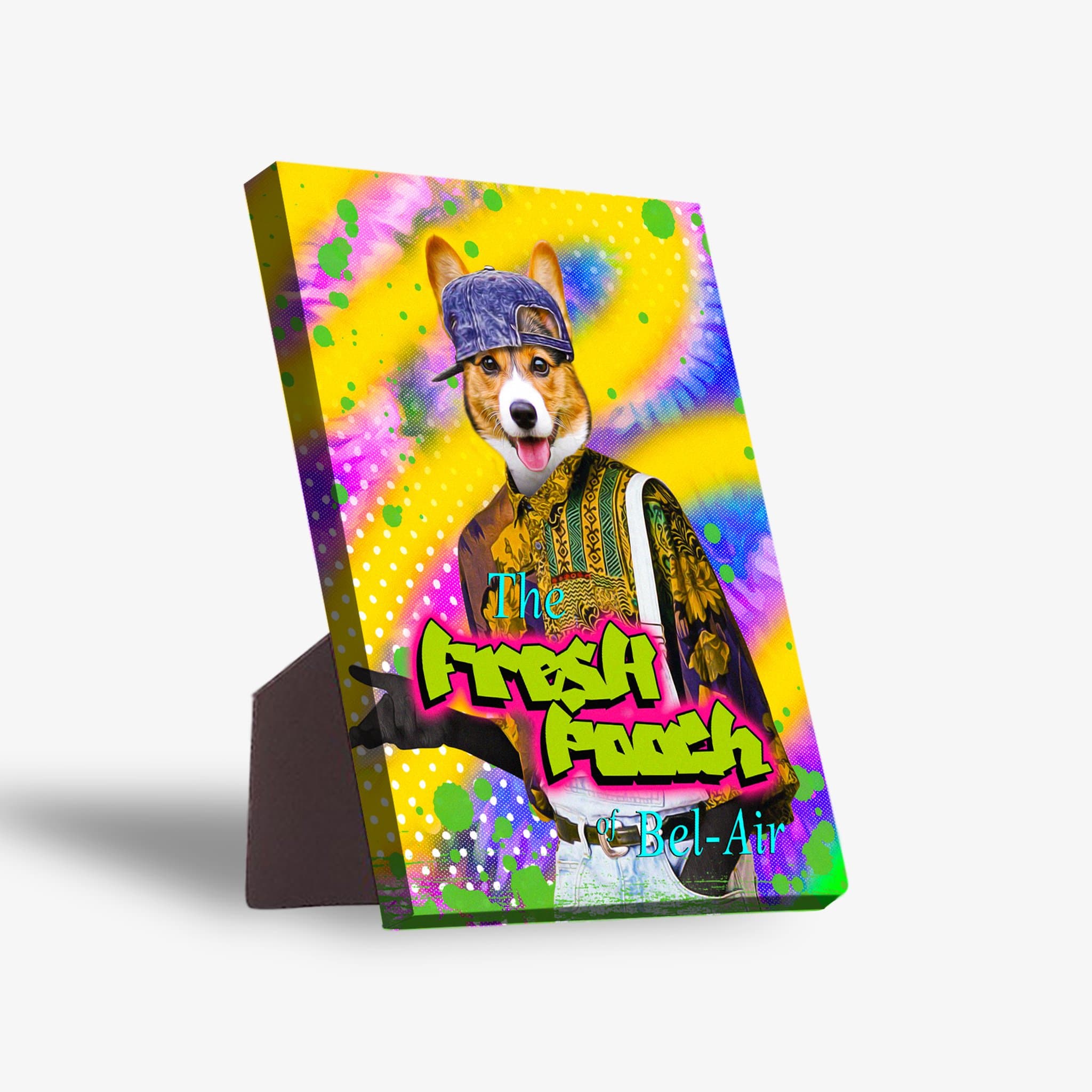 Colorful "The Fresh Pooch" personalized pet standing canvas featuring a corgi in a hat and jacket.