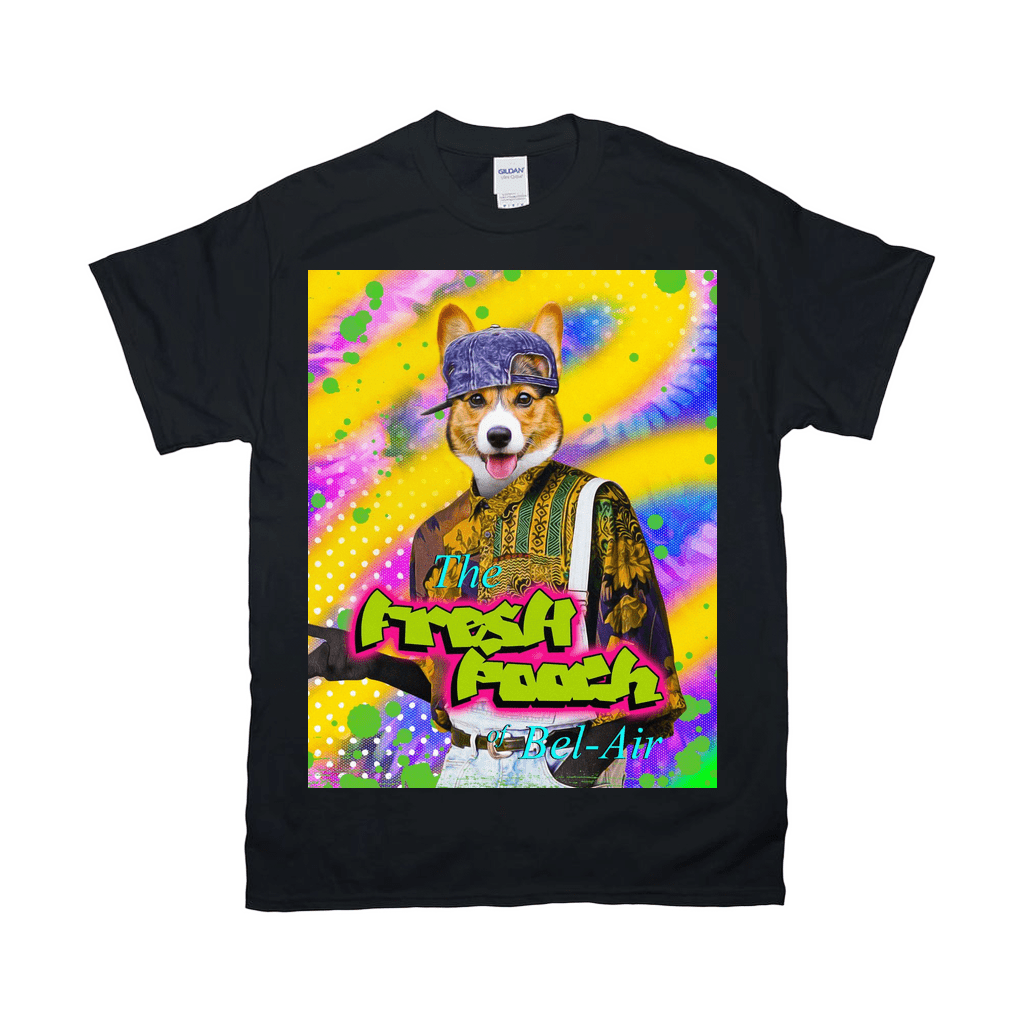 Black Gildan unisex t-shirt with a colorful graphic of a corgi in a hat and patterned shirt, "The Fresh Pooch of Bel-Air" text.
