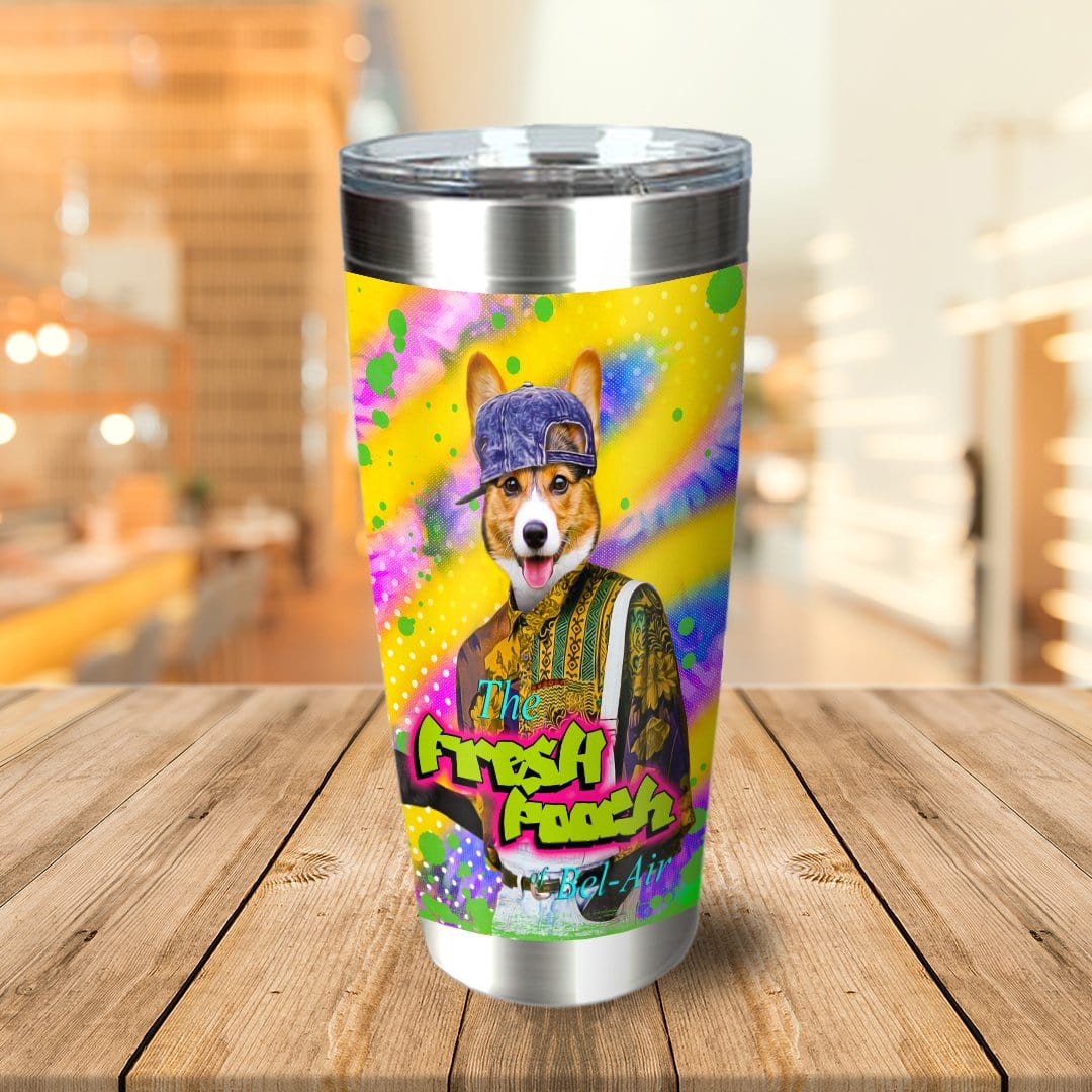 Personalized stainless steel tumbler with a custom cartoon dog portrait in a vibrant, retro style.