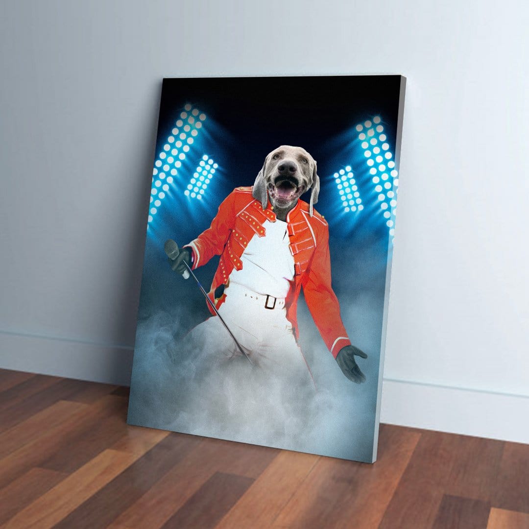 Personalized pet canvas featuring a dog's head on a rock star body in a red jacket, holding a mic, with blue stage lights.