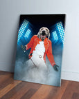 Personalized pet canvas featuring a dog's head on a rock star body in a red jacket, holding a mic, with blue stage lights.