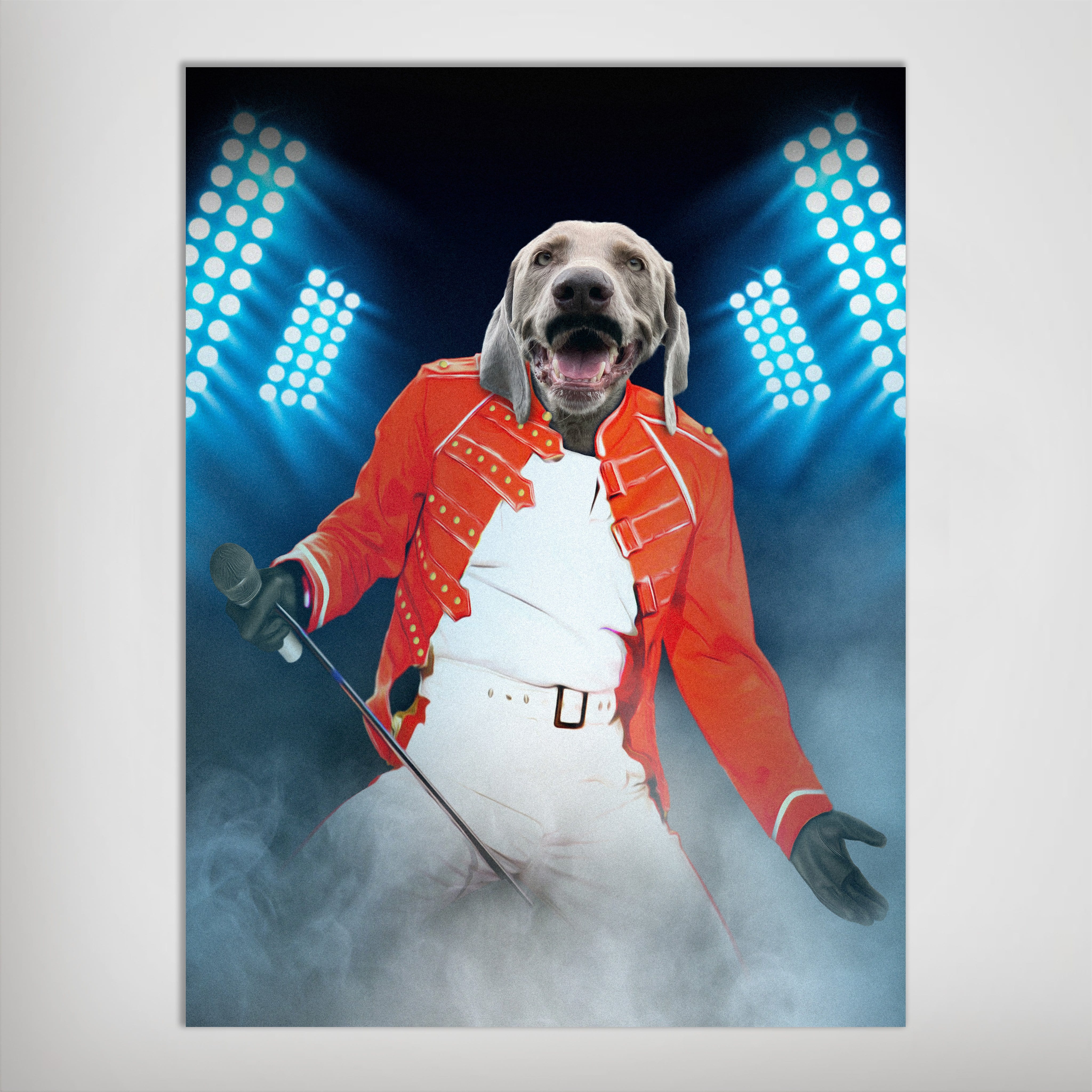 Personalized 'Furry Mercury' pet poster featuring a Weimaraner dog in a red jacket, white shirt, and pants, holding a microphone on a stage with blue spotlights and smoke.