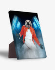 Personalized pet standing canvas featuring a dog's head on a rockstar body in a red jacket, blue stage lights.