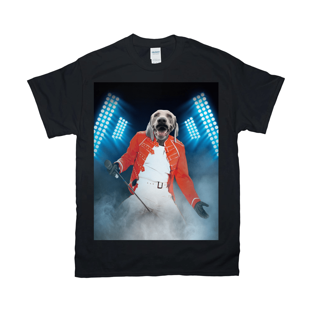 Black Gildan t-shirt with a dog's head on a body in a red jacket, white pants, and a microphone, under blue stage lights.