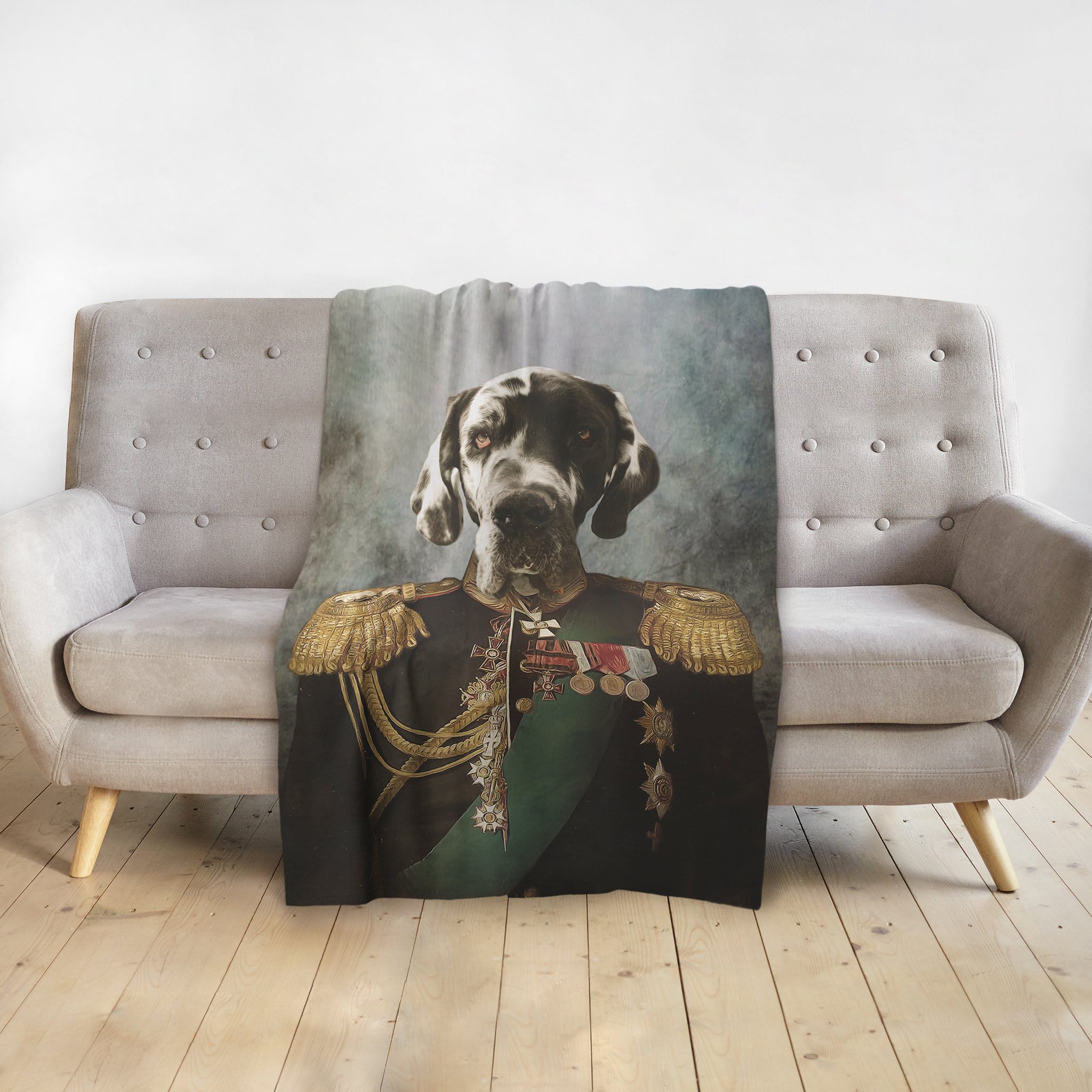 Custom personalized pet blanket featuring a Weimaraner dog in a royal renaissance general portrait.