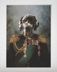 Personalized pet poster featuring a Great Dane in a black general's uniform with gold epaulets and medals.