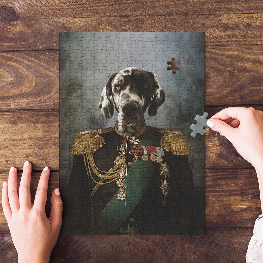Personalized dog portrait puzzle, "The General" style, featuring a Great Dane in a military uniform.
