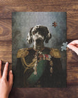 Personalized dog portrait puzzle, "The General" style, featuring a Great Dane in a military uniform.