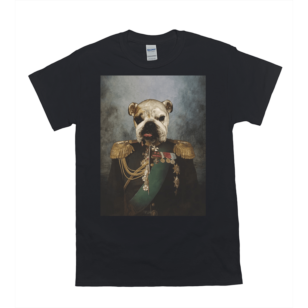 Black Gildan t-shirt featuring a bulldog in a general's uniform with medals and a green sash.