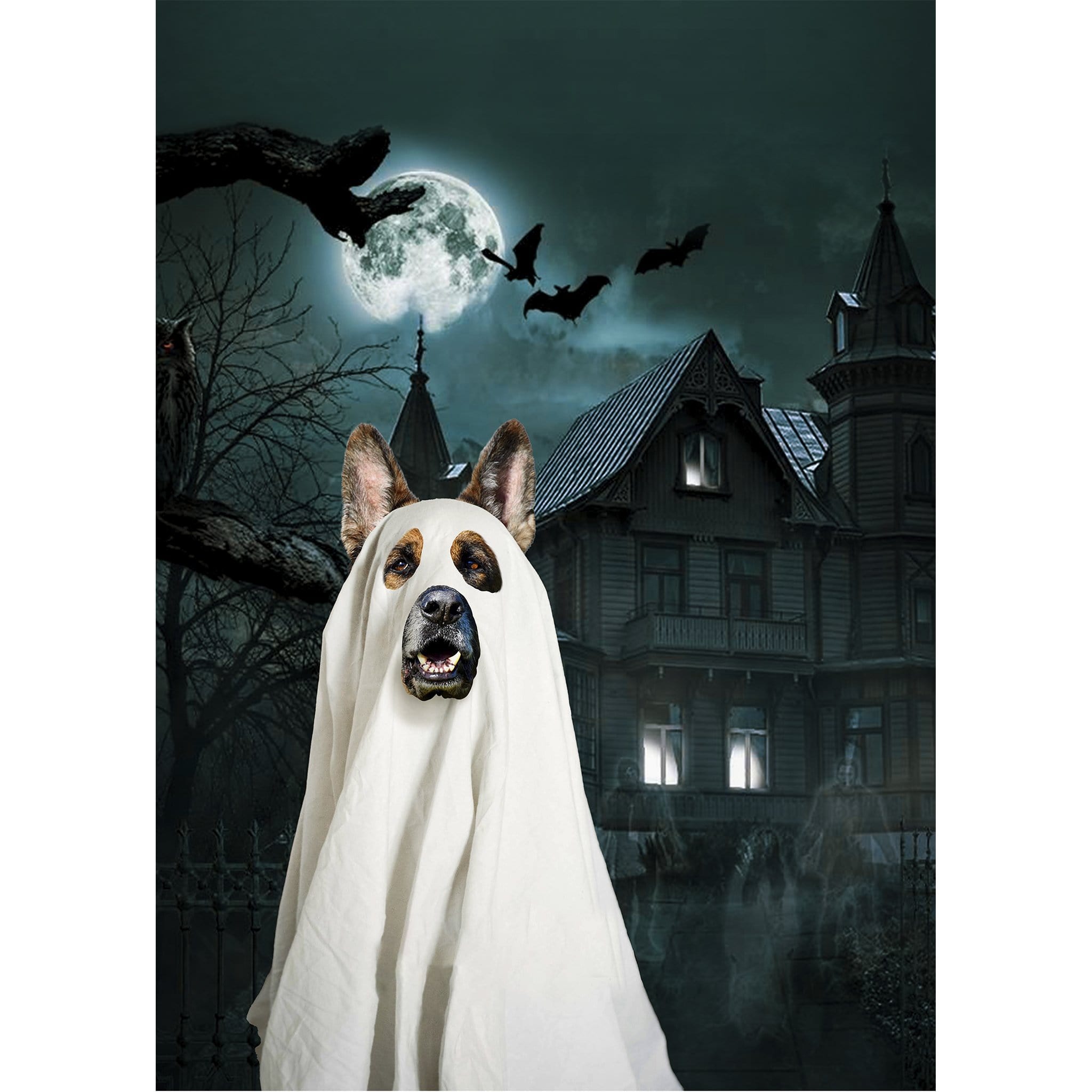 Custom digital portrait of a German Shepherd dog dressed as a ghost in front of a haunted house.