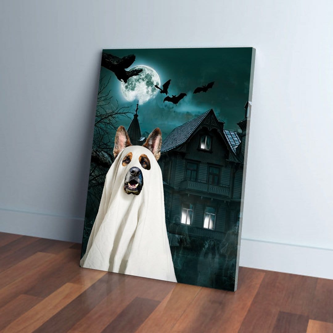 Personalized pet canvas featuring a dog in a ghost costume against a haunted house and full moon.