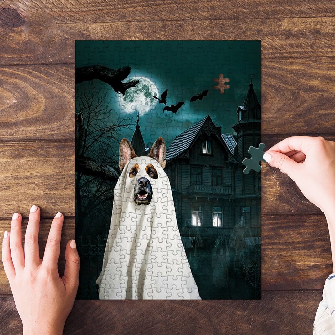 Custom pet puzzle featuring a dog in a ghost costume before a haunted house under a full moon.